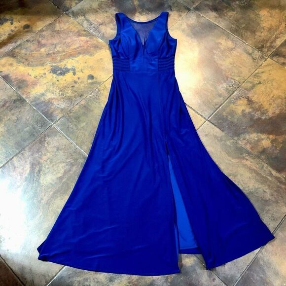 Morgan & Co. Blue Maxi Plunging V neck, Side Mesh Cutouts A-Line Size 5 - Picture 5 of 16